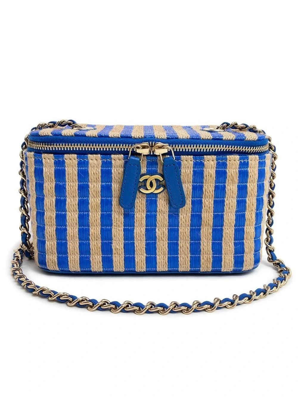 CC Blue and Beige Striped Vanity Crossbody with Chain